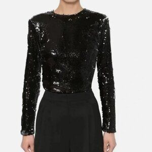 RACIL Black Sequin Long Sleeve Jewel Neck Top Holiday NYE Cocktail Party Sz M